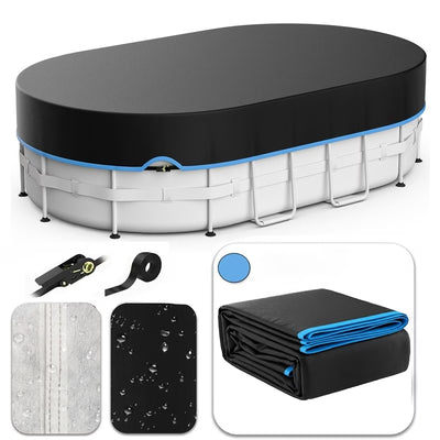 Oval Above Ground Pool Cover - ratchet strap - Blue Trim