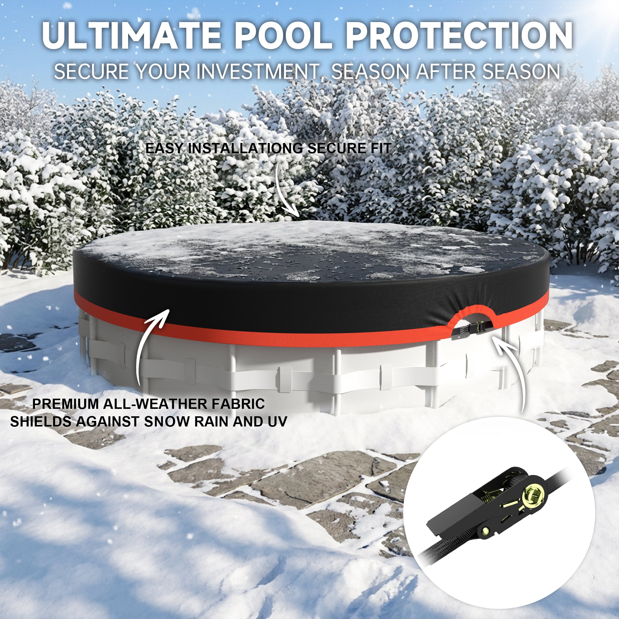 Round Above Ground Pool Cover - Strap Buckle - Orange Trim