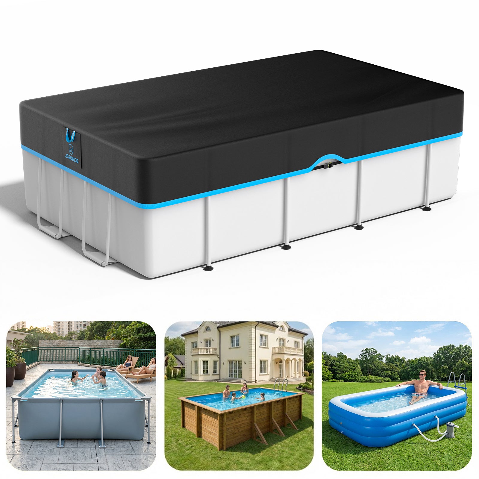 Rectangular Above Ground Pool Cover - Strap Buckle - Blue Trim From