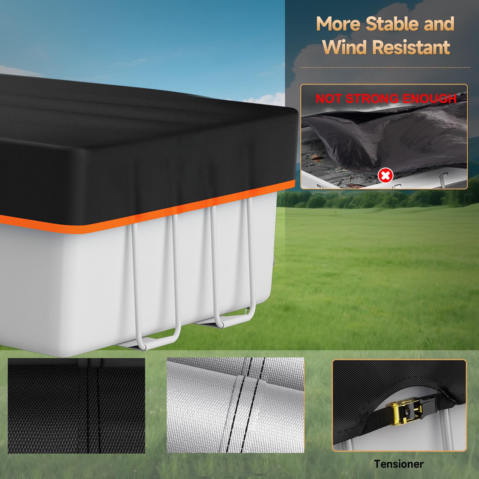18*24' RectangularAbove Ground Pool Cover - Strap Buckle - Orange Trim