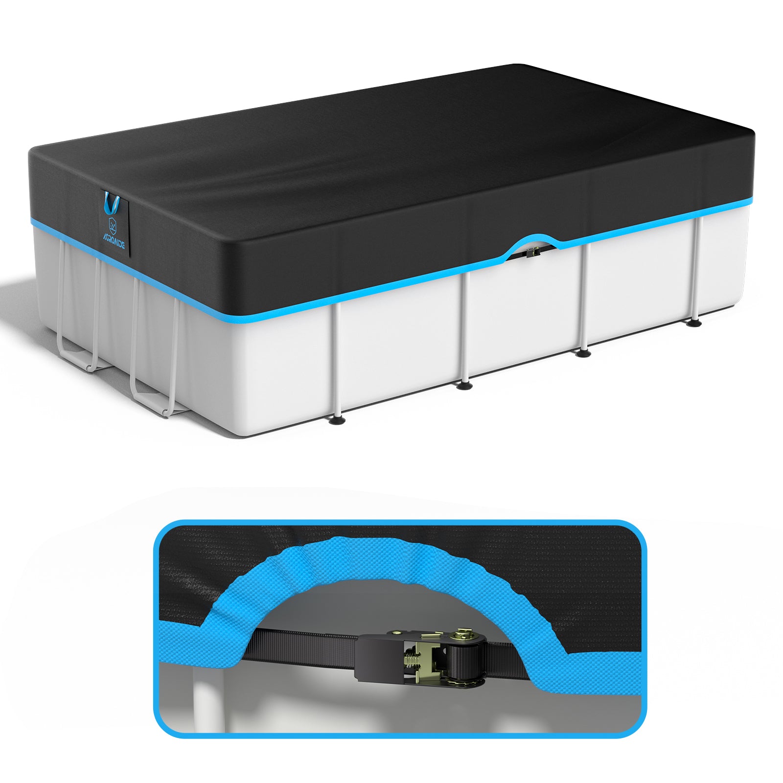 Rectangular Above Ground Pool Cover - Strap Buckle - Blue Trim From