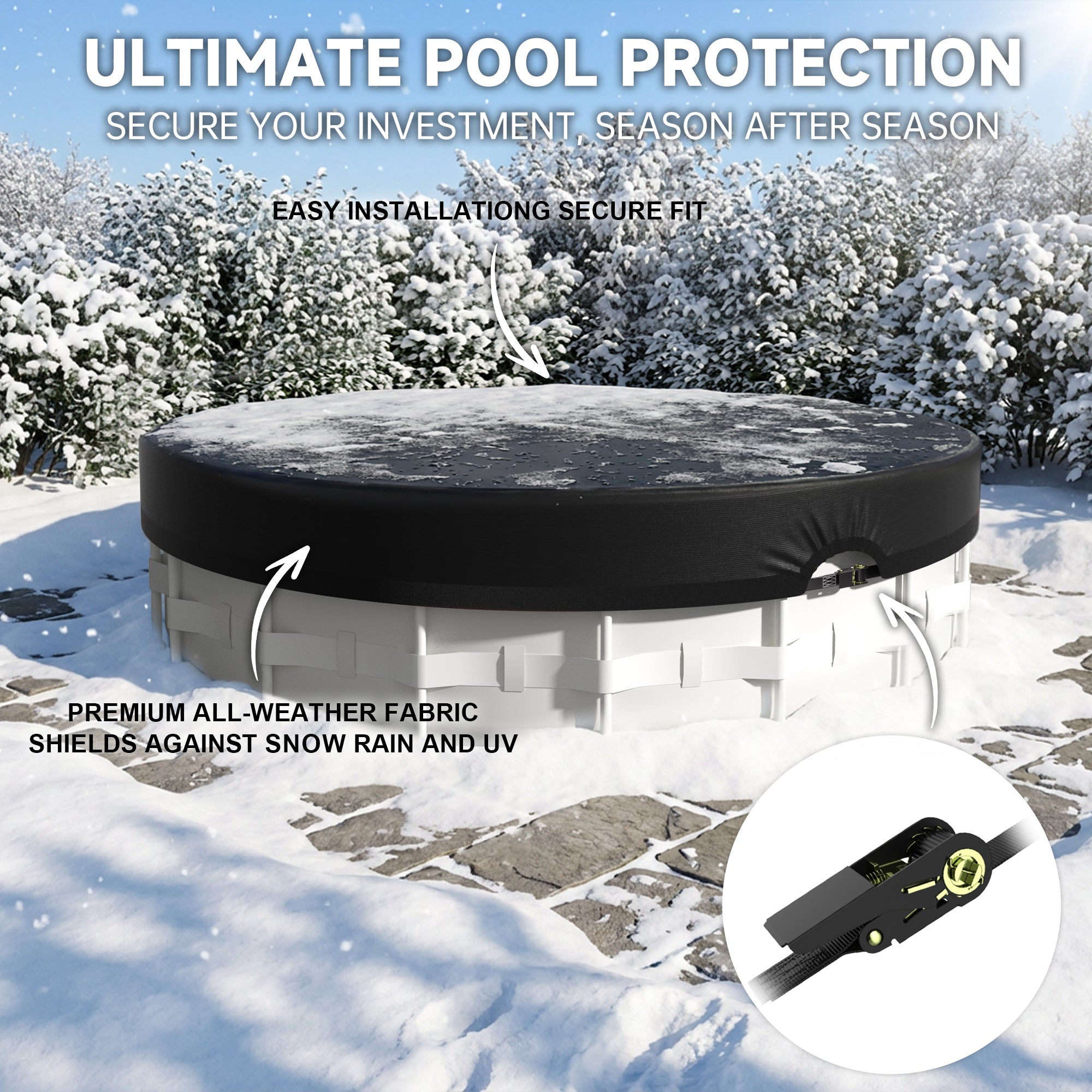 6Ft Round Above Ground Pool Cover - Strap Buckle - Black Trim