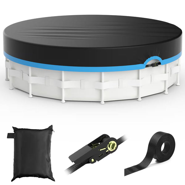 All Sizes Round Above Ground Pool Cover - ratchet strap - Blue Trim