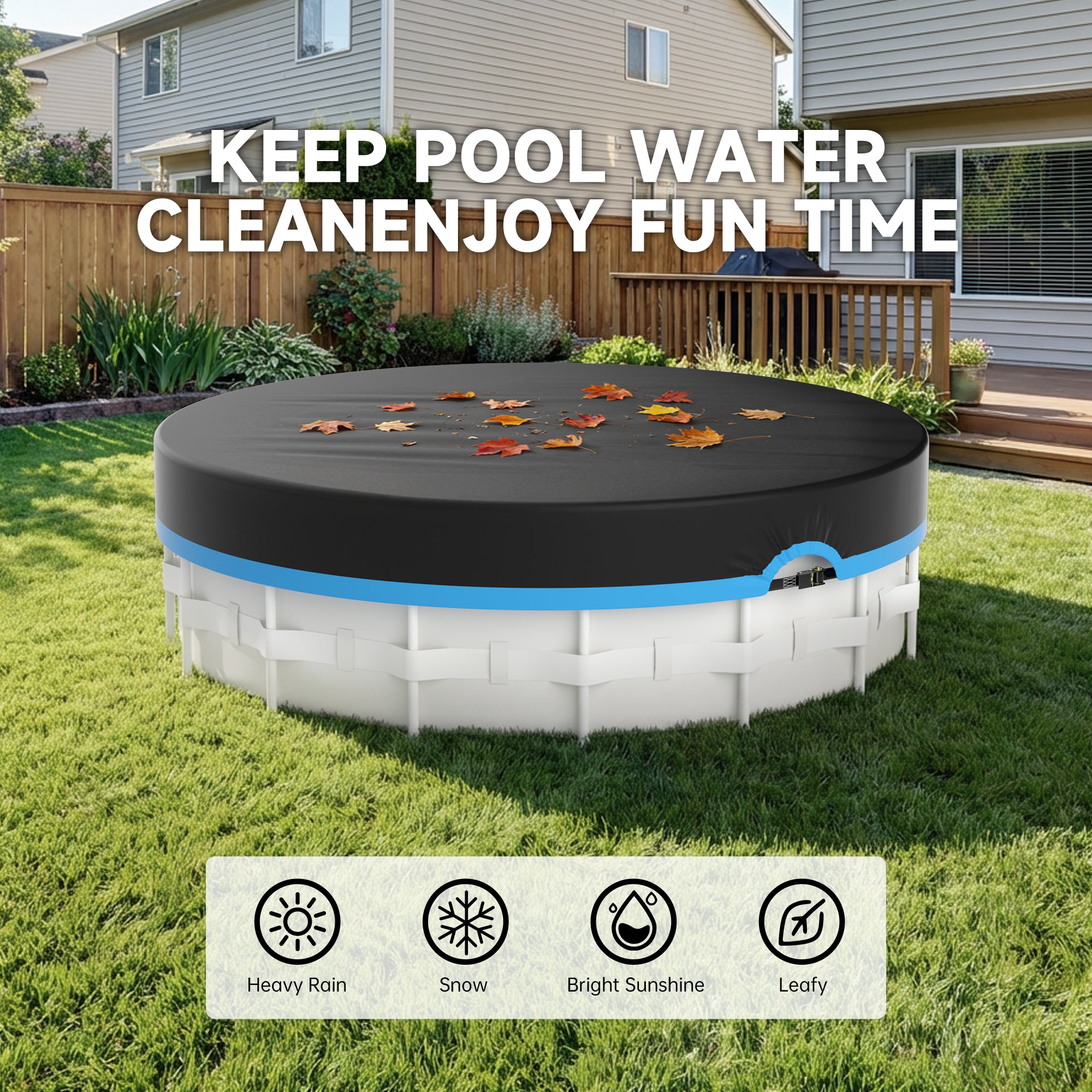 Round Above Ground Pool Cover - Strap Buckle - Blue Trim