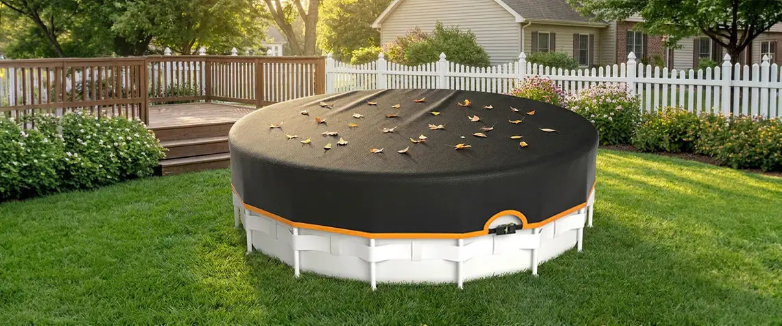 18ft round above ground pool cover with orange trim strap buckle